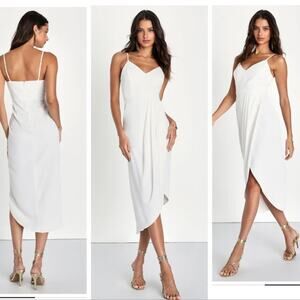 Lulus White Sleeveless Midi Dress – Draped Skirt, V-Neck – Size Large